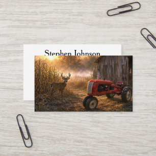 Tarjeta De Visita Ciervo de cola blanca y tractor vintage en niebla 