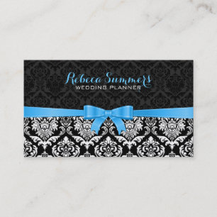 Tarjeta De Visita Cinta azul elegante Damascos en blanco y negro 2a