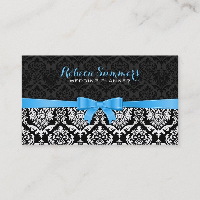 Tarjeta De Visita Cinta azul elegante Damascos en blanco y negro 2a (Anverso)
