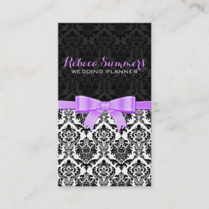 Tarjeta De Visita Cinta de lavanda elegante Damasco blanco y negro 2