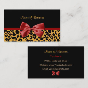 Tarjeta De Visita Cinta Roja de Impresión de Leopardo Negro y Dorado