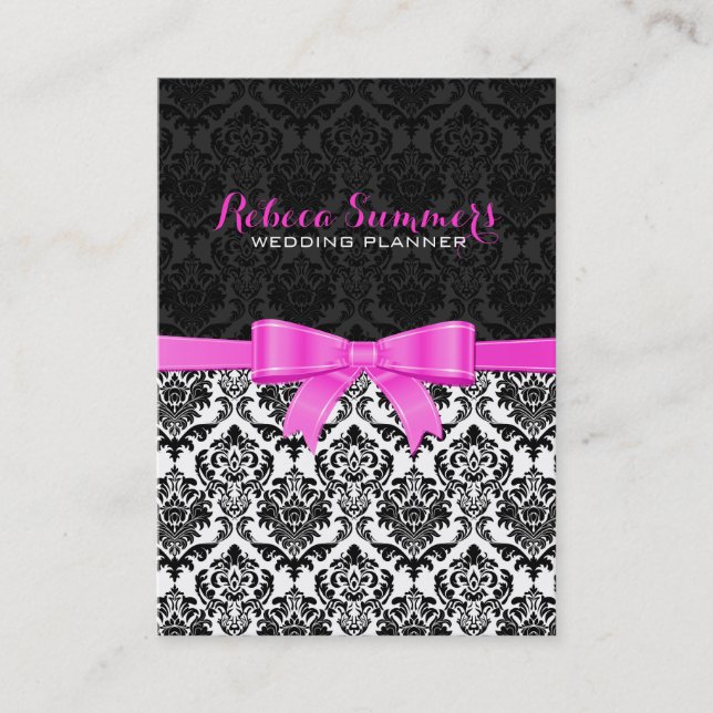 Tarjeta De Visita Cinta rosa elegante Damascos en blanco y negro 2 (Anverso)