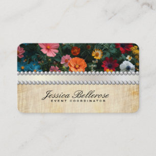 Tarjeta De Visita Cintas de Perlas Flores Elegantes Vintage