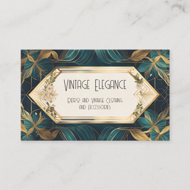 Tarjeta De Visita Cintas y hojas de estilo Art Déco verde y dorado (Anverso)