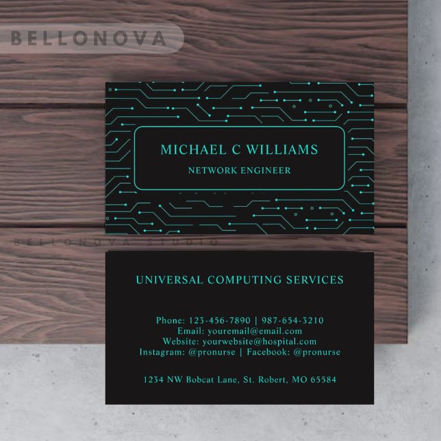 Tarjeta De Visita Circuito azul turquesa verde brillante y negro per (Custom Black Bright Green Turquoise Blue Circuit Business Card)