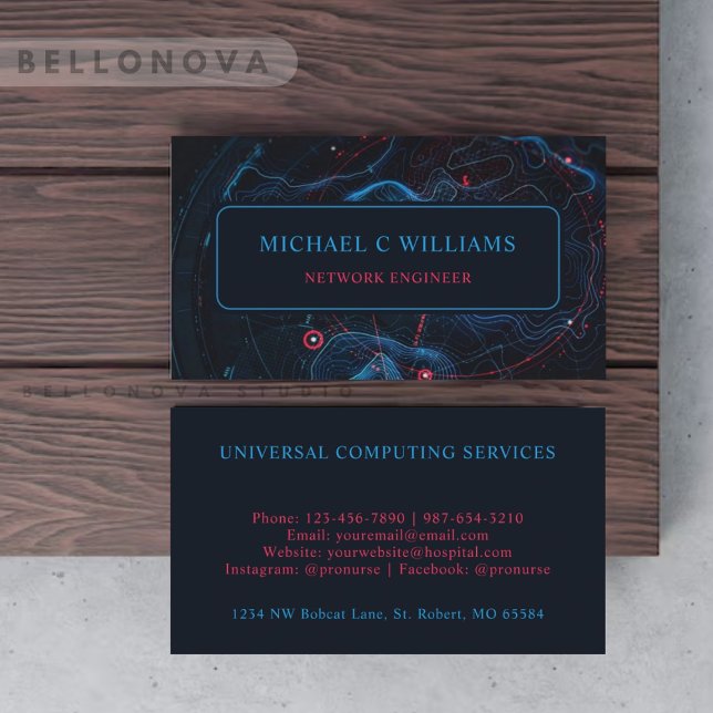 Tarjeta De Visita Circuito rojo azul de la Marina Oscura personaliza (Custom Light Dark Navy Blue Red Circuit Business Card)