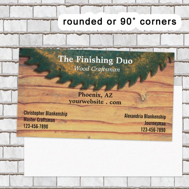 Tarjeta De Visita Circular verde rústica vio nombres dobles de mader (This business card design offers dual names along the bottom corners. )