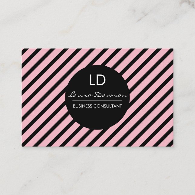Tarjeta De Visita Círculo de monograma rosa brillante y franjas (Anverso)