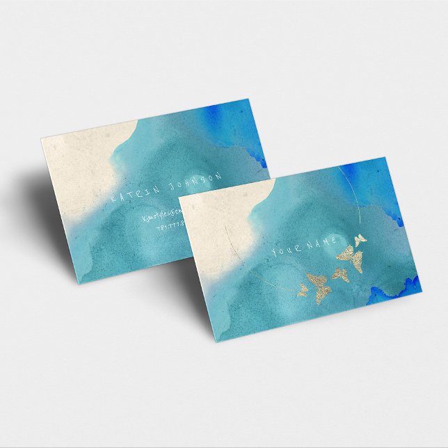 Tarjeta De Visita Círculo dorado Cobalto azul mariposa acuarela (Subido por el creador)