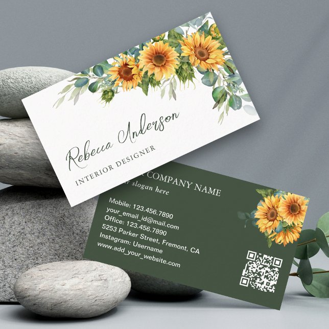 Tarjeta De Visita Círculo QR de girasoles rústicos eucalipto (Subido por el creador)