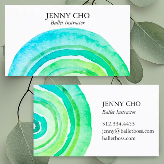 Tarjeta De Visita Círculos de acuarela Resumen Minimalista hecho a m (Custom business cards with hand painted green watercolor rings design.)