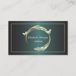 Tarjeta De Visita Círculos de Oro Elegantes Enmarcan Mariposas Verde