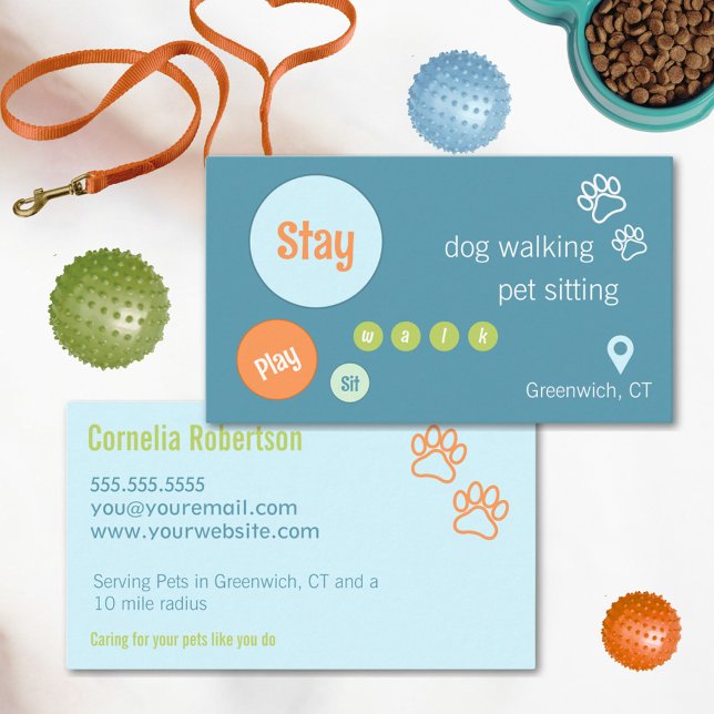Tarjeta De Visita Círculos divertidos Perro Walker Sitter Naranja Ve (Sit Stay Play. Fun Eye-Catching Memorable business card in Blue, Green and Orange.)