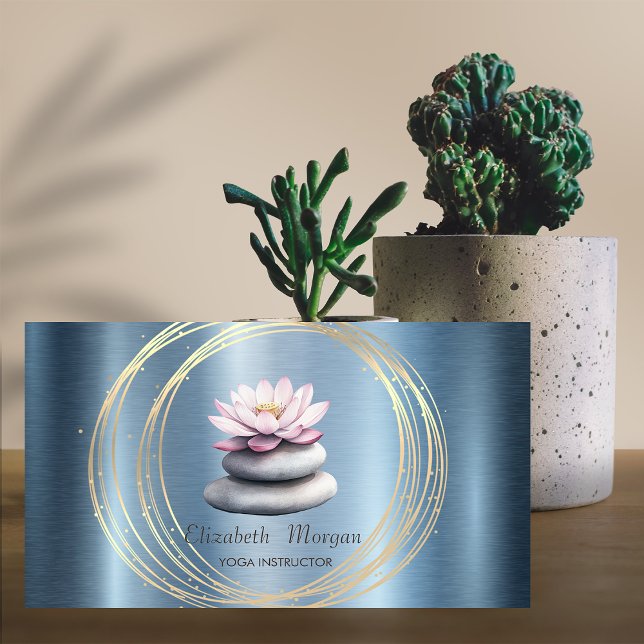 Tarjeta De Visita Círculos dorados Lotus Blue Zen Stones metálicos (Subido por el creador)