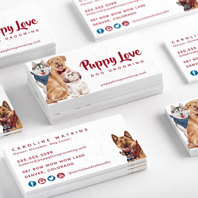 Tarjeta De Visita Cita de perros Groomer Walker (Stacked Watercolor Dogs Dog Groomer Sitter Walker Business Card—Front & Back)