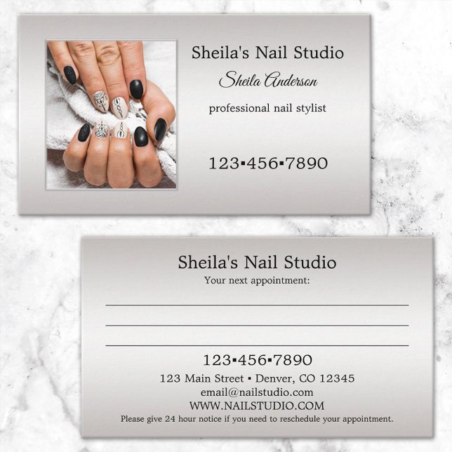 Tarjeta De Visita Cita de Silver Personalizado Photo Nail Studio (Subido por el creador)