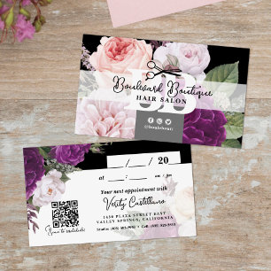 Tarjeta De Visita Cita estilo de pelo floral blanco y negro QR