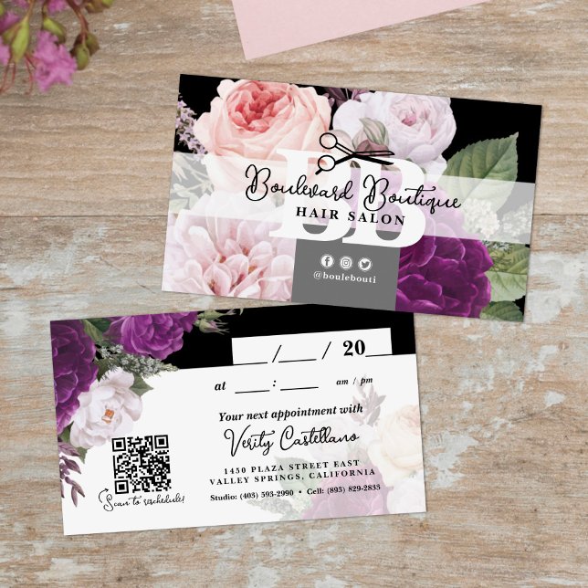 Tarjeta De Visita Cita estilo de pelo floral blanco y negro QR (Subido por el creador)