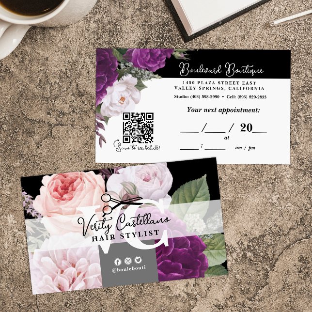 Tarjeta De Visita Cita estilo de pelo floral blanco y negro QR (Subido por el creador)