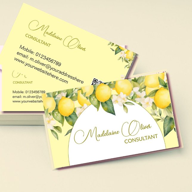 Tarjeta De Visita Cítricos florales de limón moderno estilo QR Códig (Subido por el creador)