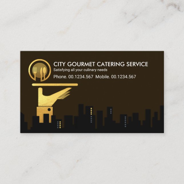 Tarjeta De Visita City Silhouette Gold Waiter Hand