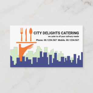 Tarjeta De Visita City Skyline Waiter Sirviendo Restauración A Mano