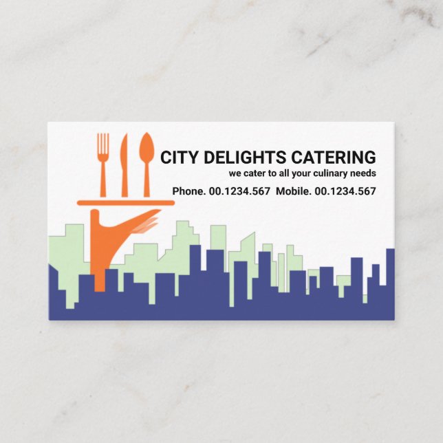 Tarjeta De Visita City Skyline Waiter Sirviendo Restauración A Mano (Anverso)