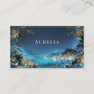 Tarjeta De Visita Ciudad Paisaje Floral Nocturna Encantada Marco Dor