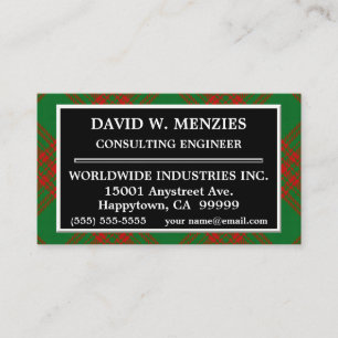 Tarjeta De Visita Clan escocés Menzies Green y Red Tartán Plaid