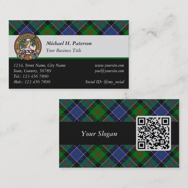 Tarjeta De Visita Clan Paterson Escudo sobre Tartán (Anverso / Reverso)