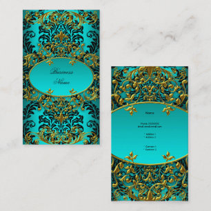 Tarjeta De Visita Clase elegante damasco floral azul turquesa dorado