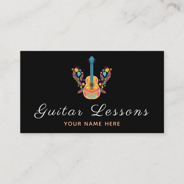 Tarjeta De Visita Clases de guitarra floral Clases de música minimal (Anverso)