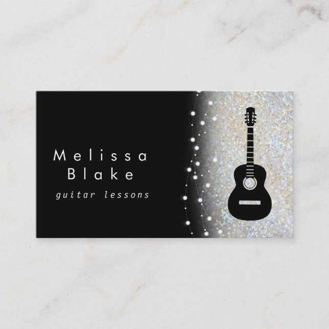 Tarjeta De Visita clases de guitarra sombra de plata falso purpurina (Anverso)