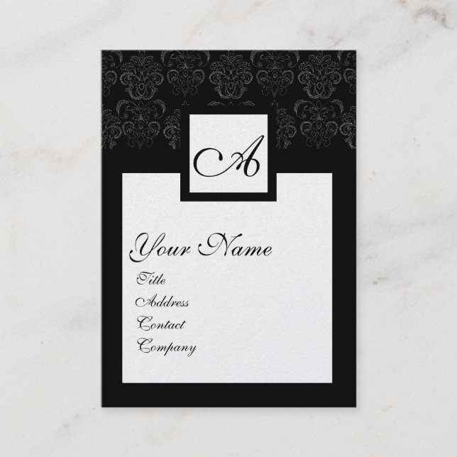 Tarjeta De Visita CLASIC BLANCO NEGRO DAMASK SQUARE MONOGRAM Pearl (Anverso)