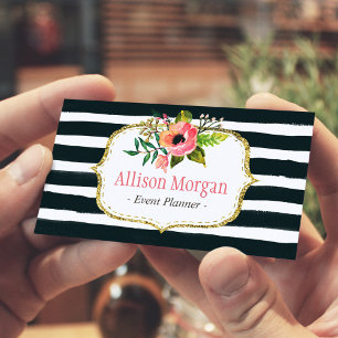 Tarjeta De Visita Clásica acuarela Floral Color blanco negro rayado