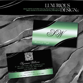 Tarjeta De Visita Clásico Black Green Cured Lines Monograma QR Code
