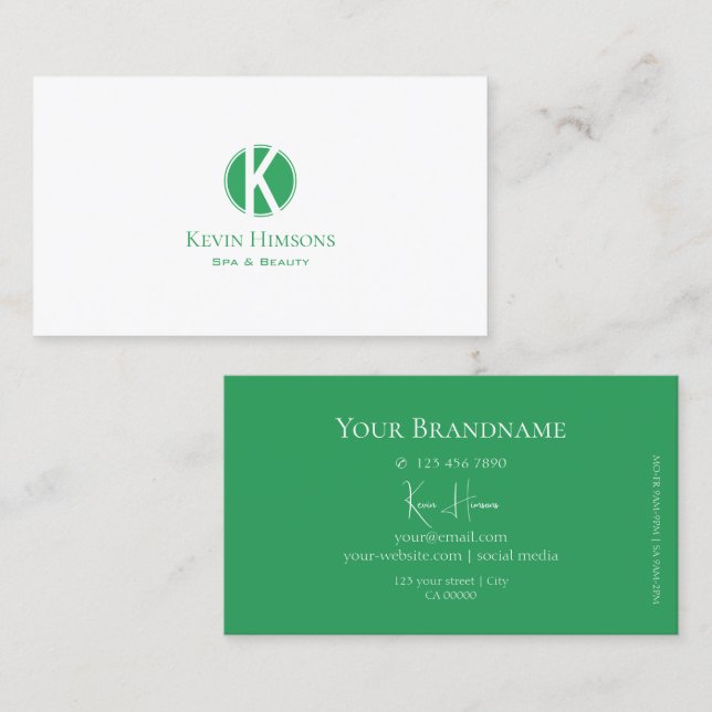 Tarjeta De Visita Clásico blanco y verde marino con monograma (Anverso / Reverso)