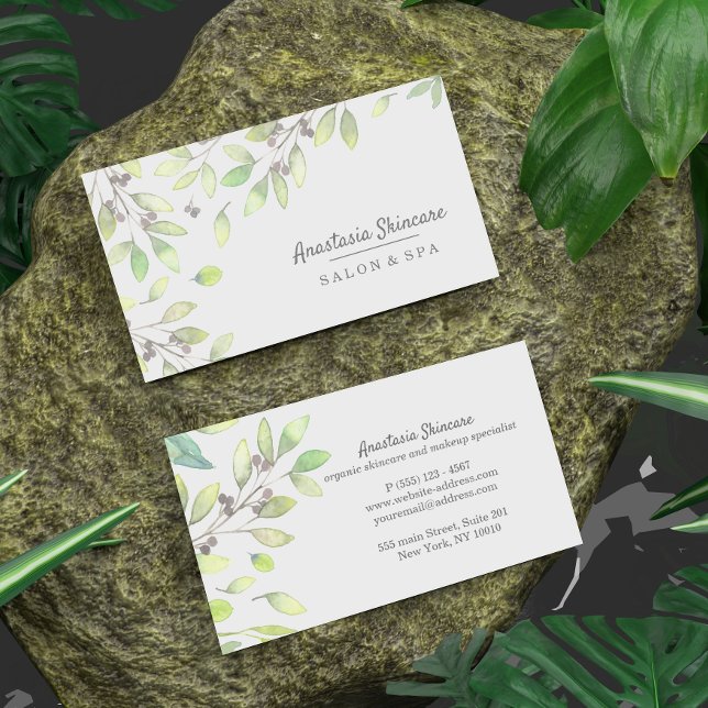 Tarjeta De Visita Clásico Día Spa y Salon Verde Foliage acuarela (Subido por el creador)
