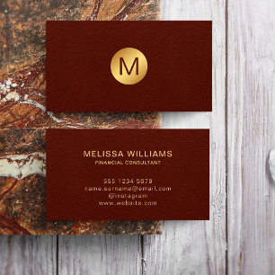 Tarjeta De Visita Clásico Faux Red Leather & Gold Monograma Name
