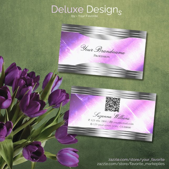 Tarjeta De Visita Clásico Lilac Silver Shimmer Borders con código QR (Subido por el creador)