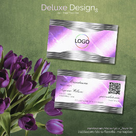 Tarjeta De Visita Clásico Lilac Silver Shimmer Borders logotipo QR C