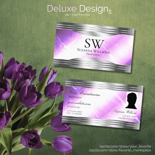 Tarjeta De Visita Clásico Lilac Silver Shimmer Borders Monograma Pho (Subido por el creador)
