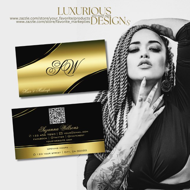 Tarjeta De Visita Clásico Líneas Curvas de Oro Negro Monograma Códig (Subido por el creador)