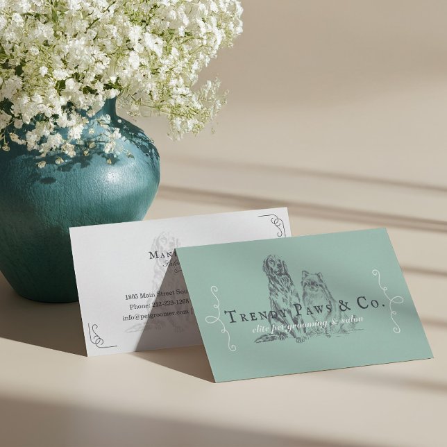 Tarjeta De Visita Clásico Mascota Salon Pomeranian y Golden Retrieve (Classy Pet Salon Pomeranian & Golden Retriever Dog Business Card)