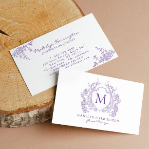 Tarjeta De Visita Clásico Monograma de Cresta Floral Violeta