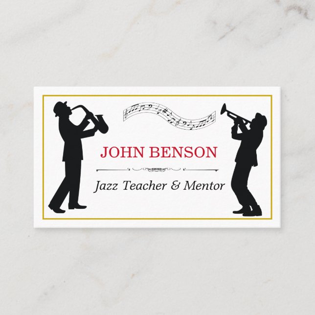 Tarjeta De Visita Clásico Music Jazz Teacher Black Silhouettes (Anverso)