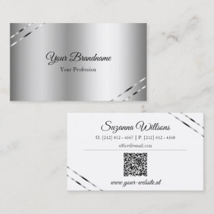 Tarjeta De Visita Clásico plateado con líneas brillantes y código QR