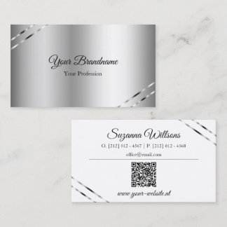 Tarjeta De Visita Clásico plateado con líneas brillantes y código QR