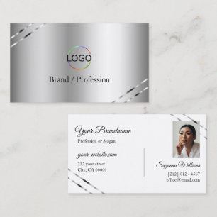 Tarjeta De Visita Clásico plateado con logotipo y foto de líneas bri