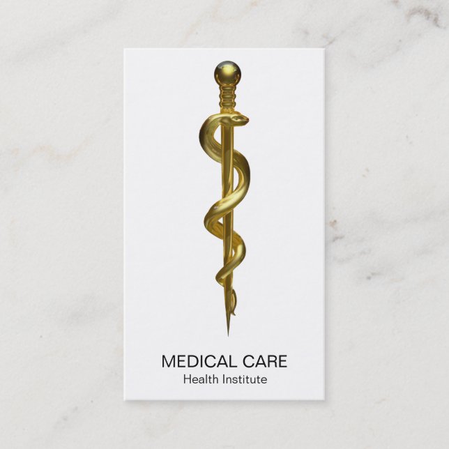 Tarjeta De Visita Clásico Rod de Asclepius Medical Gold sobre blanco (Anverso)